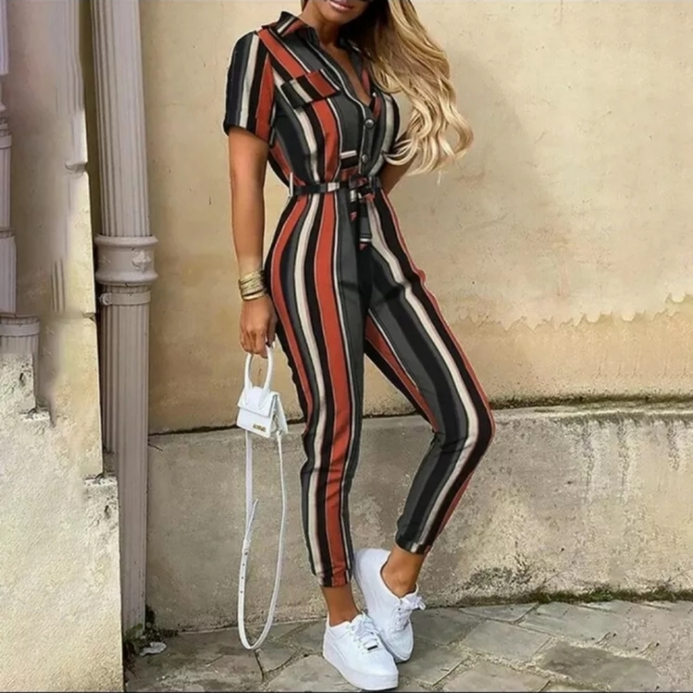 Summer Casual Short Sleeve Rompers Womens Jumpsuit Pure Color Button Button...